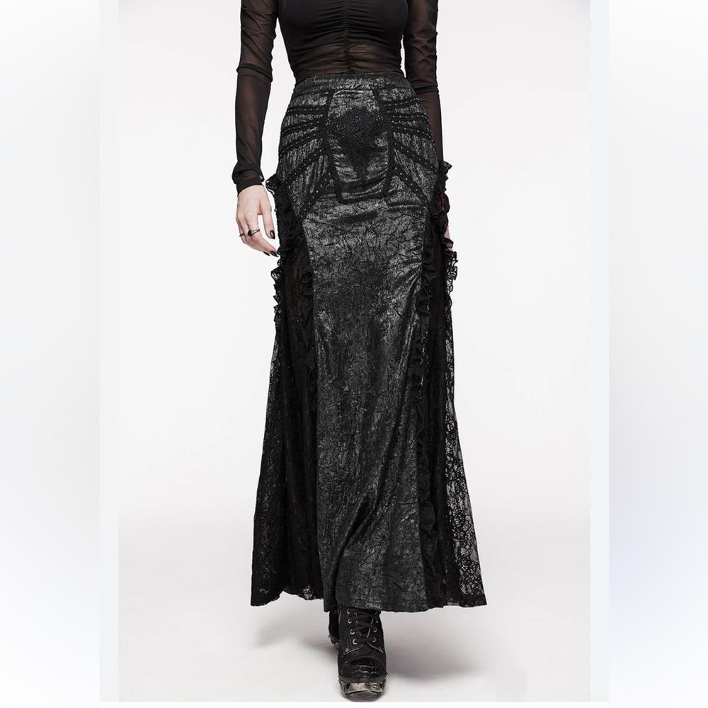 Punk Rave Floral Tribute Casket Maxi Skirt Black Lace Gothic Mermaid